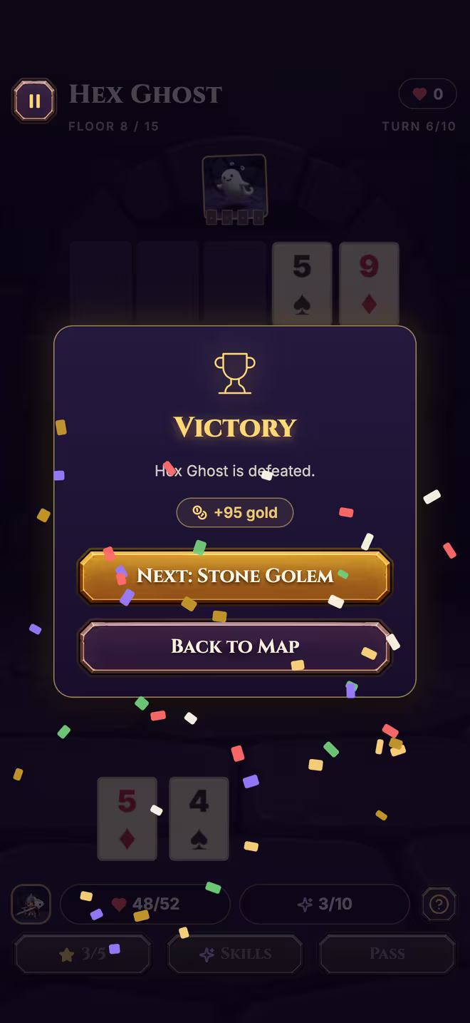 The Victory panel after defeating the Hex Ghost, with the gold earned and the next monster