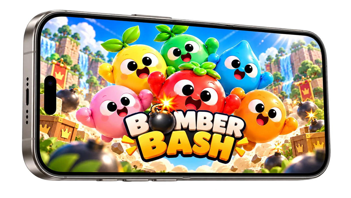 Bomber Bash title screen on a phone in landscape, with all six plush bombers