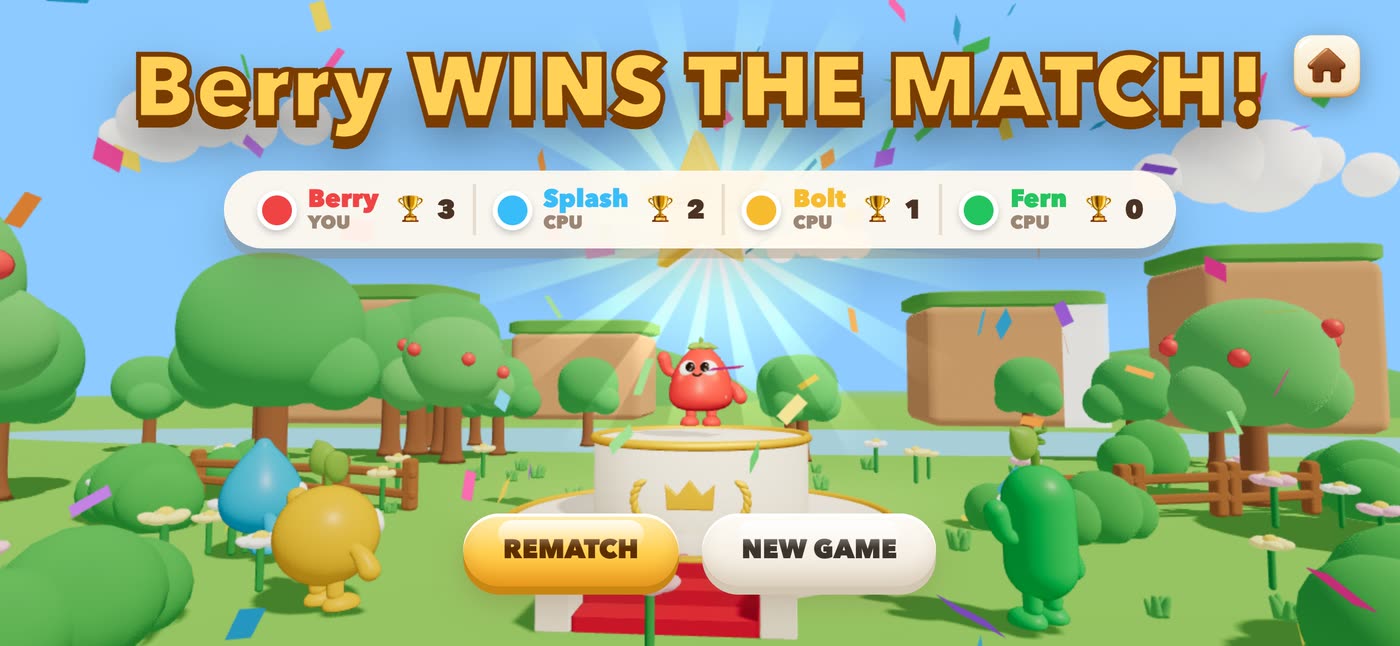 Bomber Bash victory screen: Berry wins the match against Splash, Bolt and Fern in the Garden Grove arena
