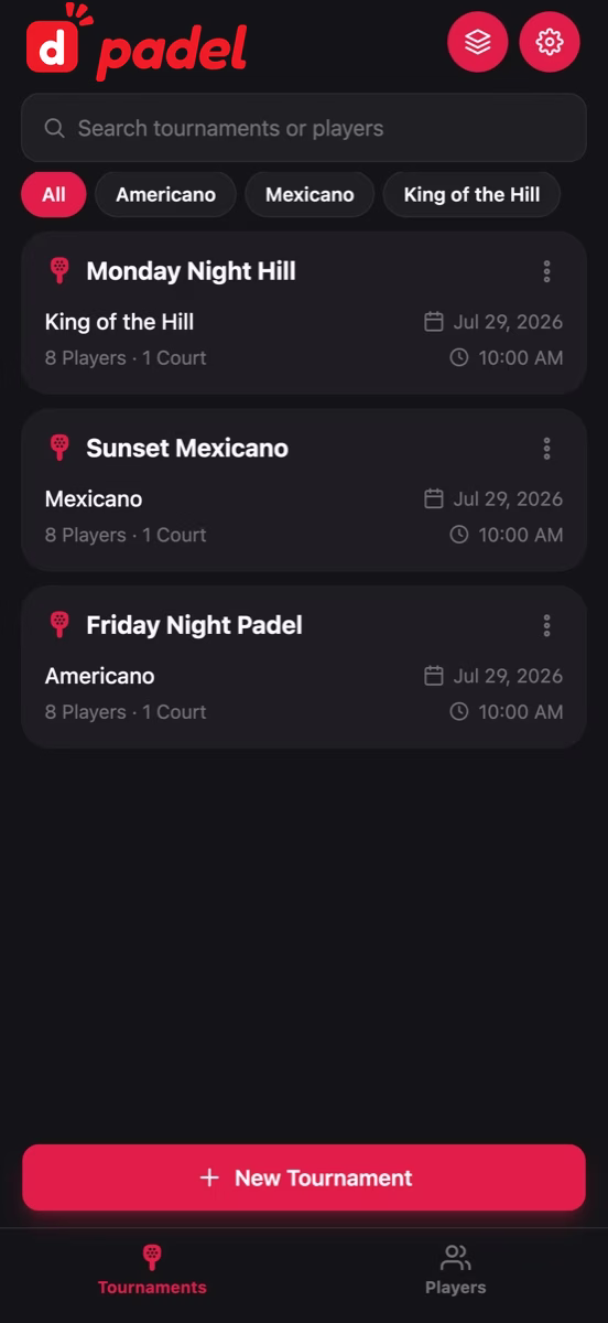 DPadel home screen listing three saved tournaments — Monday Night Hill, Sunset Mexicano and Friday Night Padel — each showing its format, date and player count